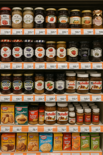 Regal im Footland mit Marmelade, Preise in THB, Umrechnung 1:36
